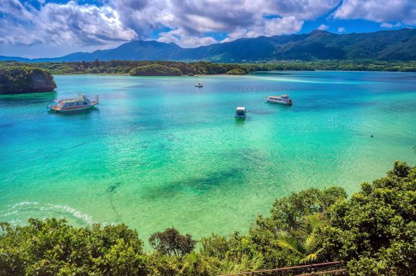 The pristine waters and white of Kabira Bay, Ishigaki Island, Okinawa, Japan